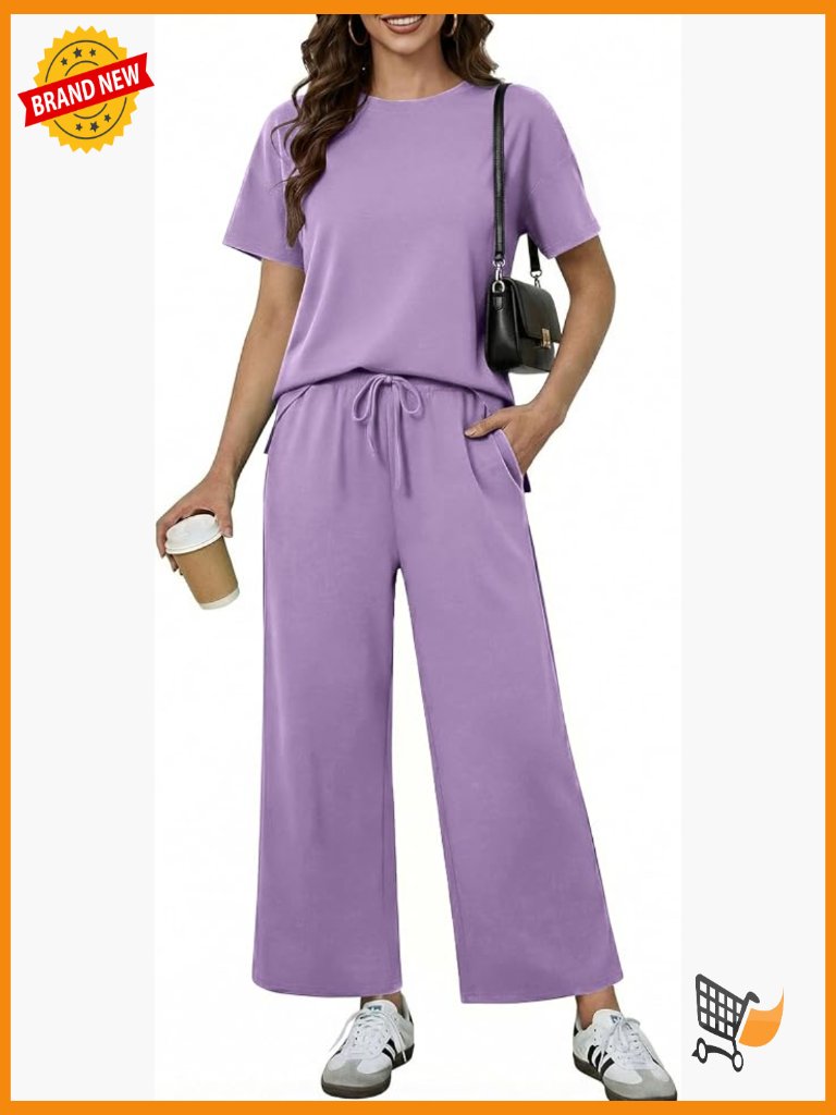 Soft Lounge Set With Wide Leg Pants Short Sleeve Tracksuit Travel Outfit